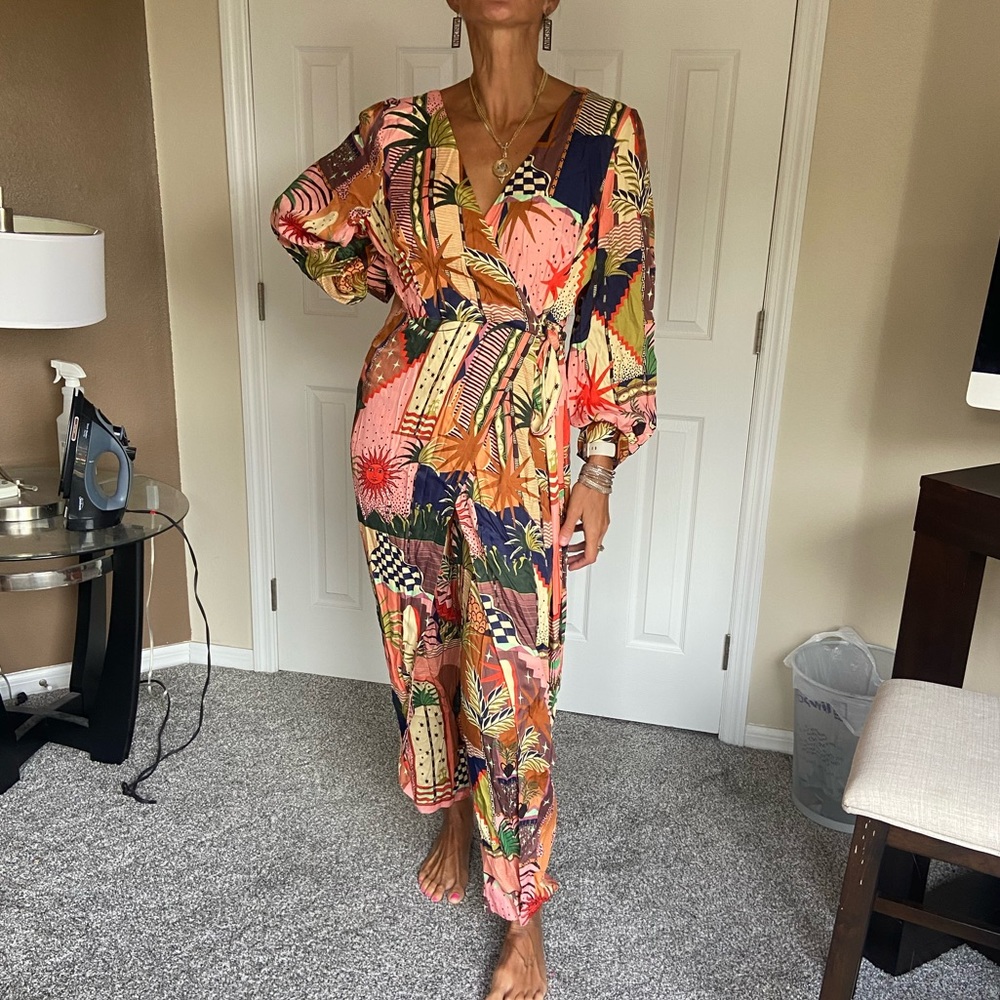FARM Rio Multicolor Floral Patchwork Wrap Jumpsuit - Pink, Orange, Navy, Green